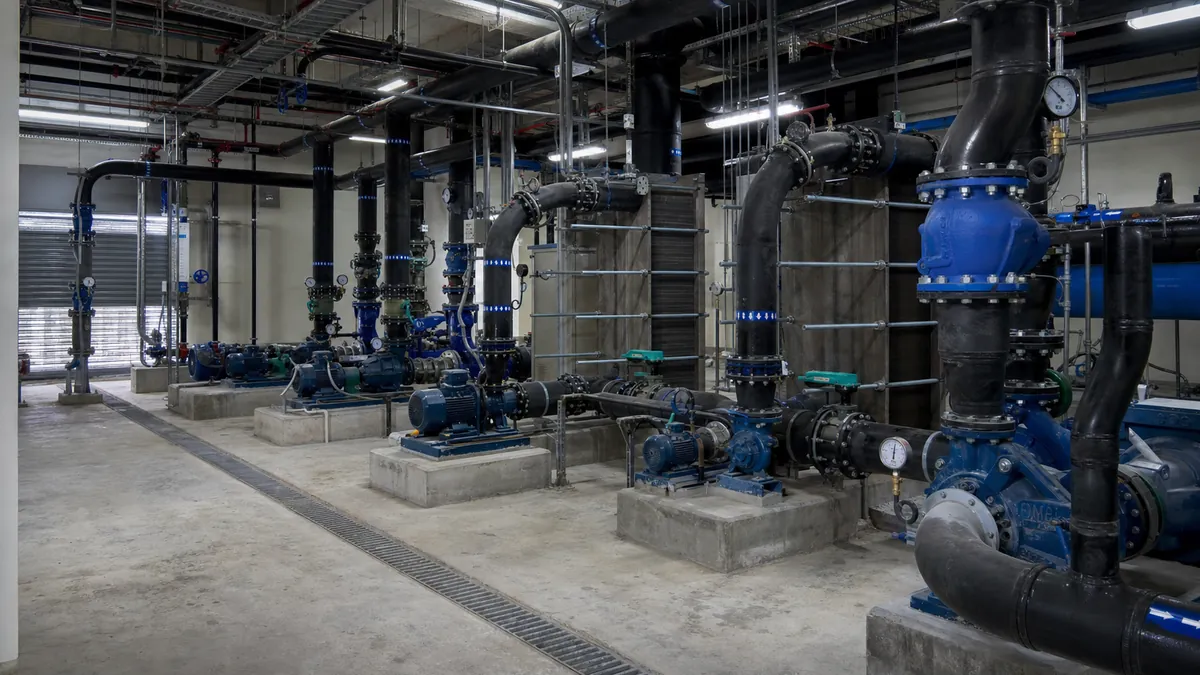 Chilled water pump room with pumps, heat exchangers, valves and carbon steel piping for district cooling services in Abu Dhabi