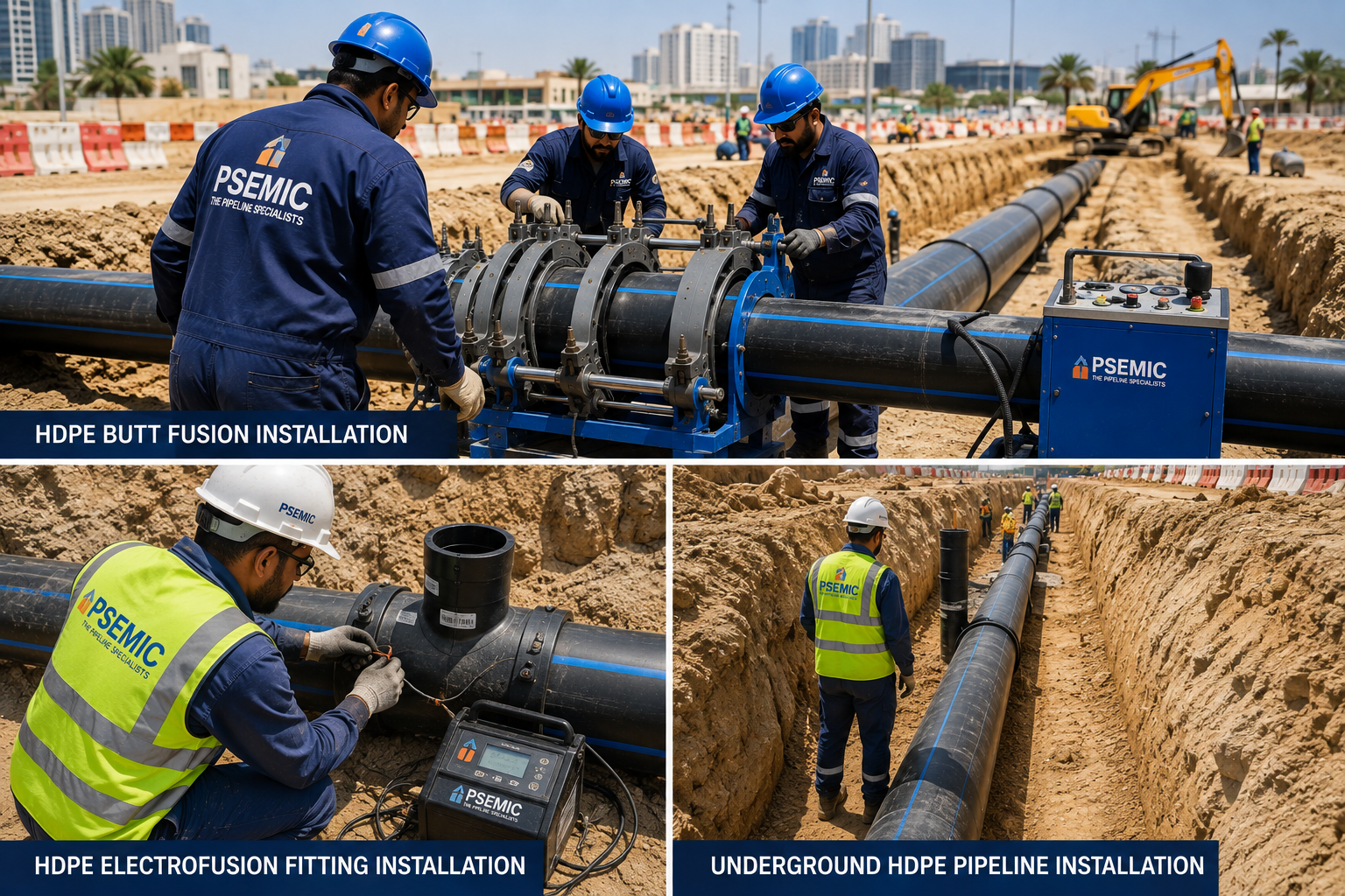 HDPE pipe installation, butt fusion and underground pipeline work in Abu Dhabi