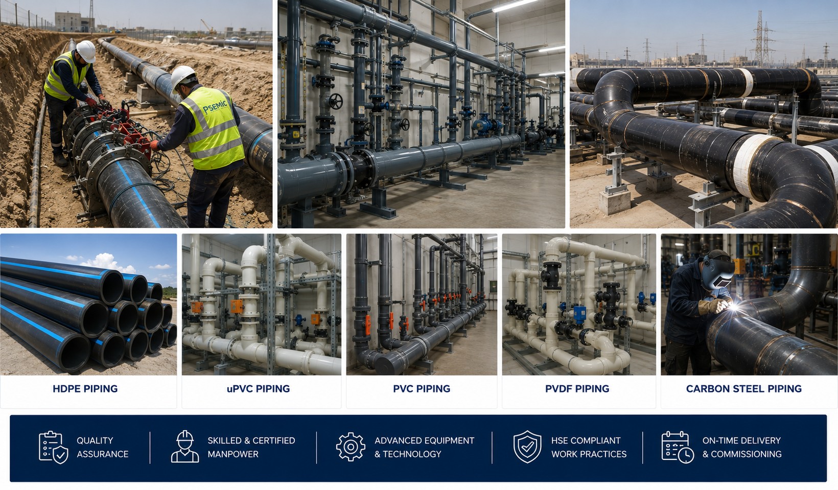 HDPE uPVC PVC PVDF carbon steel and preinsulated pipeline installation solutions